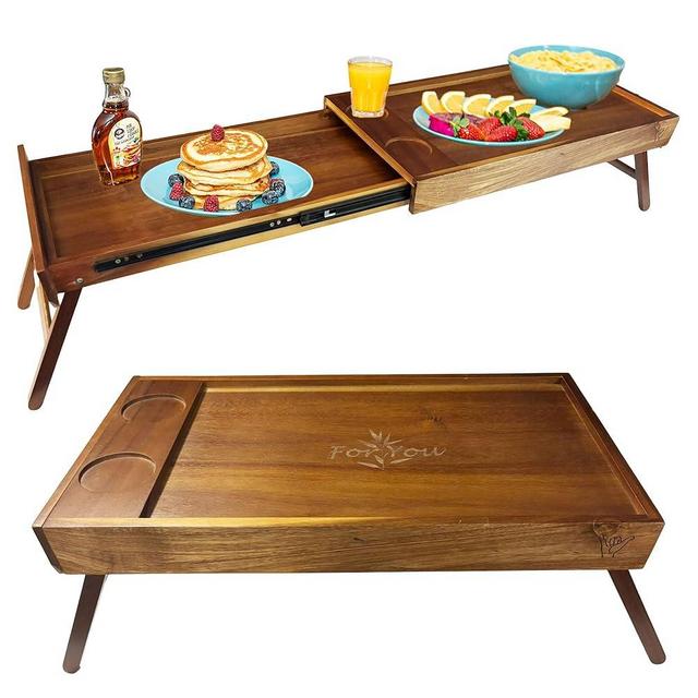 Shaka4Tommy Breakfast Bed Table Tray for Two - One Piece, Dual Use Couple Bed Tray with Cup recesses - Food Trays for Eating on Couch, Space Saving Breakfast Table - Gift Ready - Acacia Wood