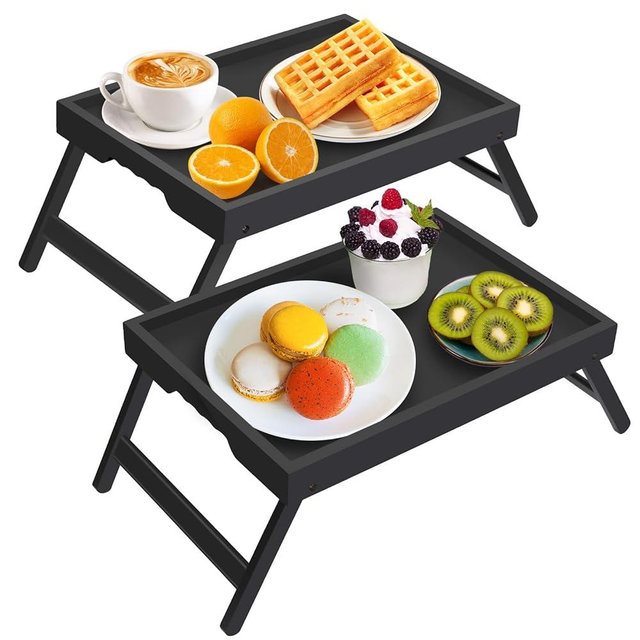 Artmeer Bed Tray Table with Folding Legs,Bamboo Breakfast in Bed for TV Table, Laptop Computer Tray,Eating,Snack Tray Black 2 Pack (Black)