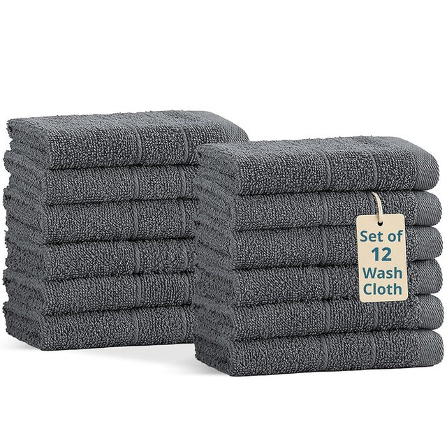 Casa Platino Wash Cloths Set of 12- Spa & Salon Quality - 100% Ring Spun Cotton Face Towels - Soft & Ultra Absorbent Washcloths for Body, Beauty, Home, Gym - Fingertip Towels - 13"x13", Cool Grey