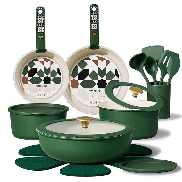CAROTE 21Pcs Ceramic Cookware Set, Pots and Pans Set Non stick, Non Toxic Cookware Detachable Handle, Kitchen Cooking Set - Induction Cookware, Dishwasher/Oven Safe, PFAS Free, Green