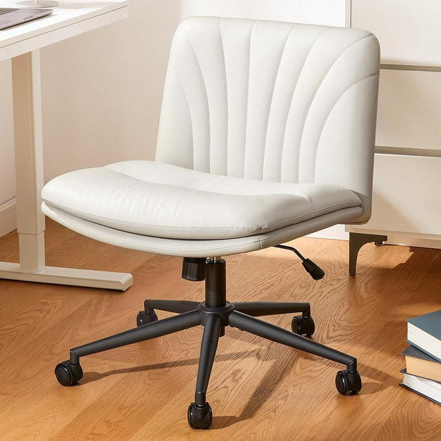 Marsail Armless-Office Desk Chair with Wheels: PU Leather Cross Legged Wide Chair,Comfortable Adjustable Swivel Computer Task Chairs for Home,Office,Make Up,Small Space,Bed Room, Gray Beige