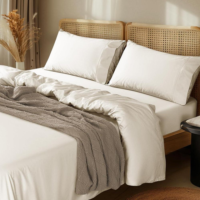 LBRO2M 1000 Thread Count 100% Egyptian Cotton Sheets Set King Size, 4 Piece Sets Bed Sheet Deep Pocket Sheet Set 16" Soft Comfortable All Season (King, Buttercream)