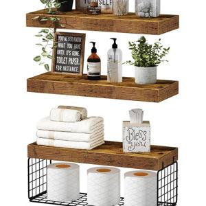 QEEIG Bathroom Shelves Over Toilet - Wall Mounted Floating Shelves Toilet Paper Storage Small Farmhouse Decor Shelf 16 inch Set of 3, Rustic Brown (019-BN3)
