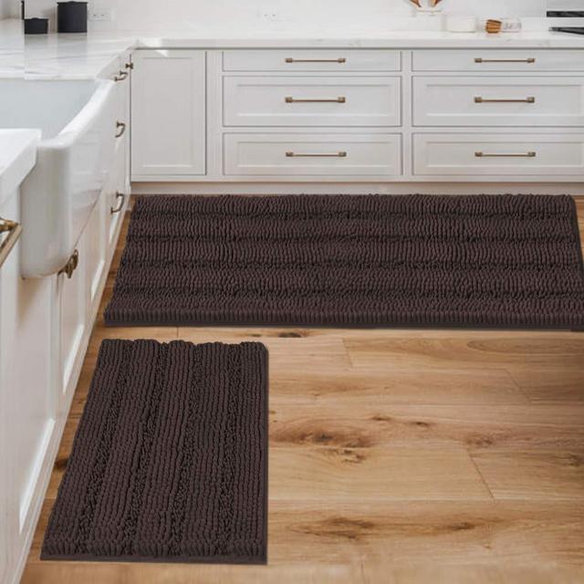 Bathroom Rugs and Mats Sets Super Absorbent Chenille Bath Mats Non Skid Machine Wash Dry Rugs for Bathroom Floor Set of 2(Chocolate, 47 x 17 Plus 17 x 24 - Inches)
