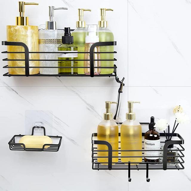 Shower Caddy, Adhesive Shower Organizer with Soap Dish and 4 Hooks, Rustproof Stainless Steel Shower Shelves, Wall Mounted No Drilling Storage Shelf Basket Accessories for Bathroom & Kitchen