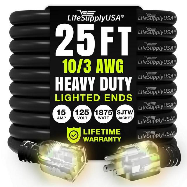 25ft Outdoor/Indoor Extension Cord 10/3 Gauge Ultra Heavy Duty 3 Prong SJTW, Waterproof, Flexible Cold-Resistant Long Power Cord,125 Amp 1875W, Black by LifeSupplyUSA