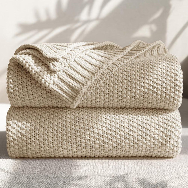 blunique 100% Cotton Cable Knit Throw Blanket, Large Lightweight Soft Knit Blanket for Sofa Couch Bed, Breathable All-Season Throw, Cozy Decorative Blanket, 60 x 80 Inch,Linen