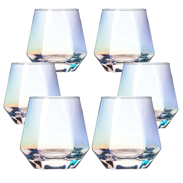BACLIFE Hand Blown Red Wine Glasses Set of 6 – 10 oz Crystal Stemless Wine Glasses – Premium Iridescent Diamond Shaped Wine Glasses in Gift Box – Cool Wine Glasses for any Occasion