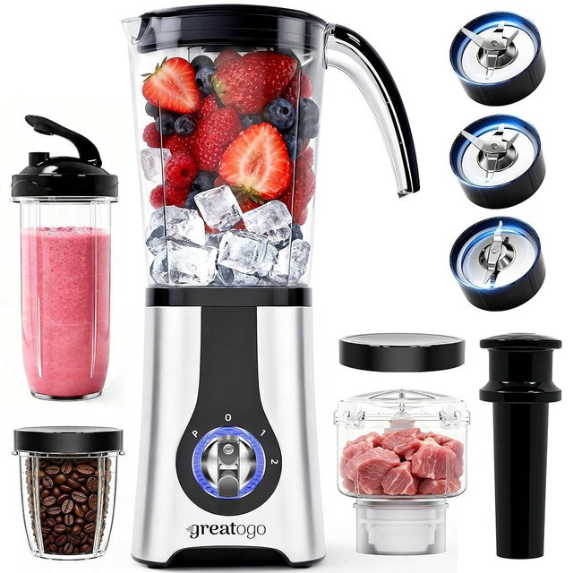 Blender and Food Processor Combo, Small Smoothie Blender with Grinder & Meat Chopper, 4-in-1 Kitchen System with 4 BPA-Free Cups (10-42oz), Perfect for Shakes, Baby Food, Dishwasher Safe, Ideal Gift