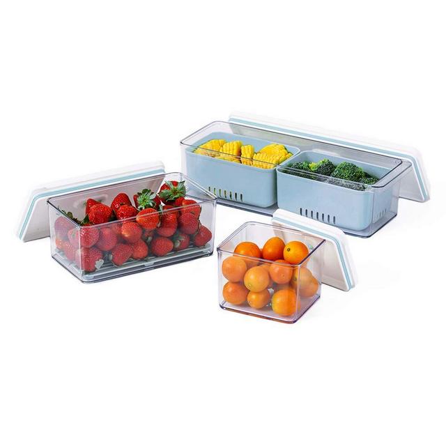 Lille Home Stackable Produce Saver, Organizer Bins/Storage Containers with Removable Drain Tray, Set of 3, for Refrigerators, Cabinets, Countertops and Pantry, BPA Free (Blue)