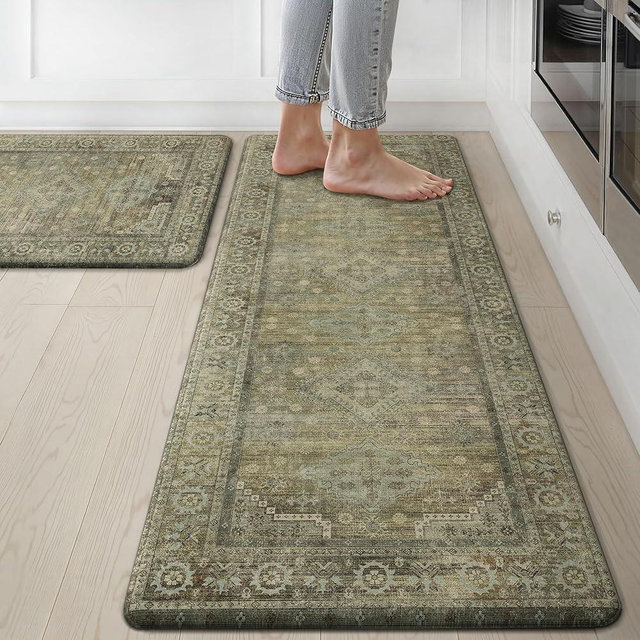 GENIMO Kitchen Mats for Floor 2PCs, Washable Anti Fatigue Mat for Cushioned, 17.3"x47"+17.3"x30", Waterproof Kitchen Rugs, Non Slip Comfort Standing Mat Rug for Home, Sink, Laundry, Sage