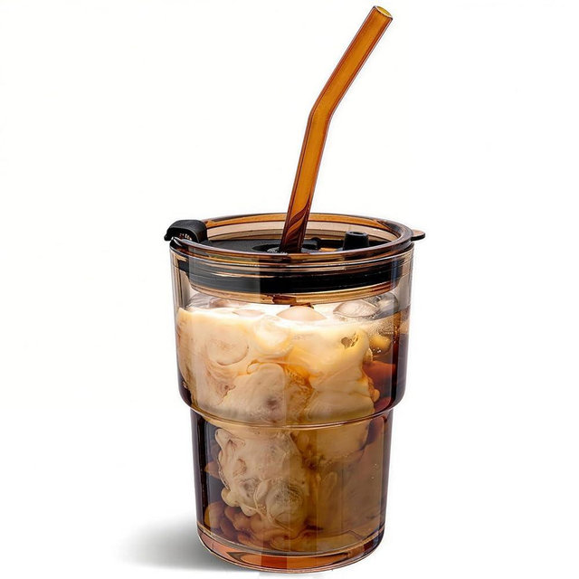 Olvini 13oz Glass Tumbler with Straw and Lid, Reusable Iced Coffee Cup, Thick Glass Cups for Water, Matcha, Iced Tea, Amber