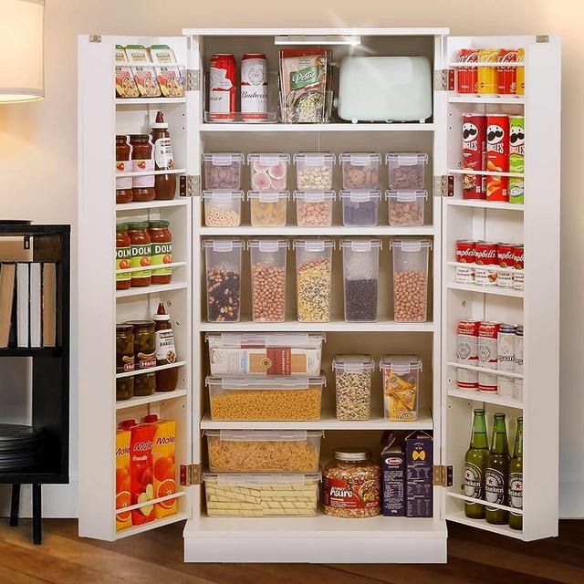 Furnaza 50" Kitchen Pantry Cabinets - LED Free Standing Food Pantry Cabinets Buffet Cupboards for Storage with Doors and Shelves Adjustable for Small Space in Dinning Room, Living Room, in White