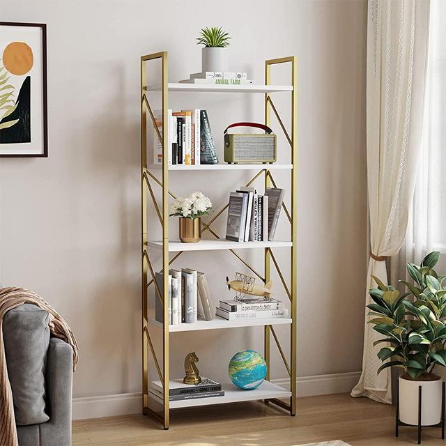YITAHOME 5 Tiers Gold Bookshelf, Modern Bookshelf, Book Rack, Storage Rack Shelves in Living Room/Home/Office, Books Holder Organizer for Books/Movies, Gold