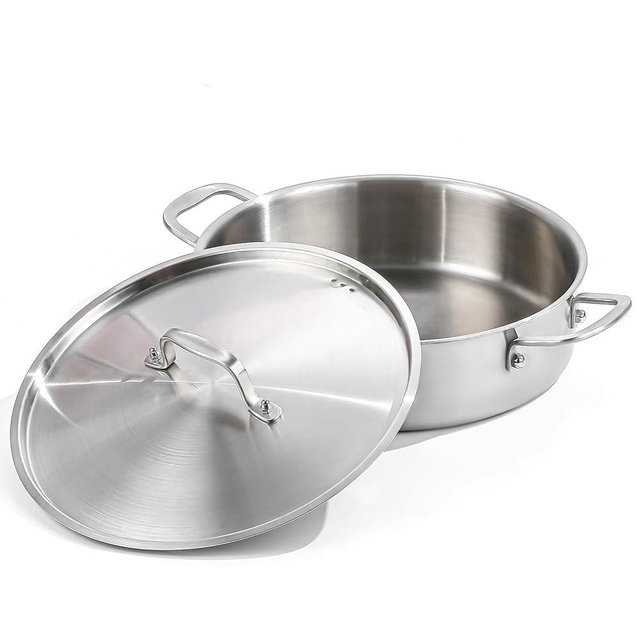 DELARLO 8QT Saute Pan Jumbo Cooker Tri-Ply Stainless Steel Pan, 13Inch Deep Frying Pan with Steel cover, Kitchen Large Skillet,Heavy Duty Style Compatible With All Cooktops Up to 650℉