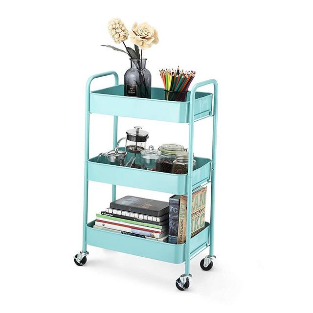 CAXXA 3-Tier Rolling Metal Storage Organizer - Mobile Utility Cart with Caster Wheels (Tiffany Blue)