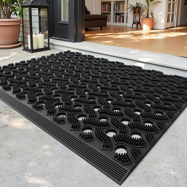 DEXI Front Door Mat Outside Entrance, 24x36 Heavy Duty Rubber Non Slip Floor Doormat, All Weather Dirt Trapper Waterpoof Entry Mats for Entryway Drainage Patio, Black