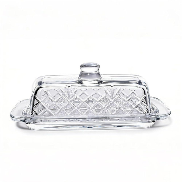 8''Glass Butter Dish with Lid,Clear Crystal Butter Container with Embossed Pattern,Cute Butter Dish for Countertop,Refrigerator,Dishwasher Safe
