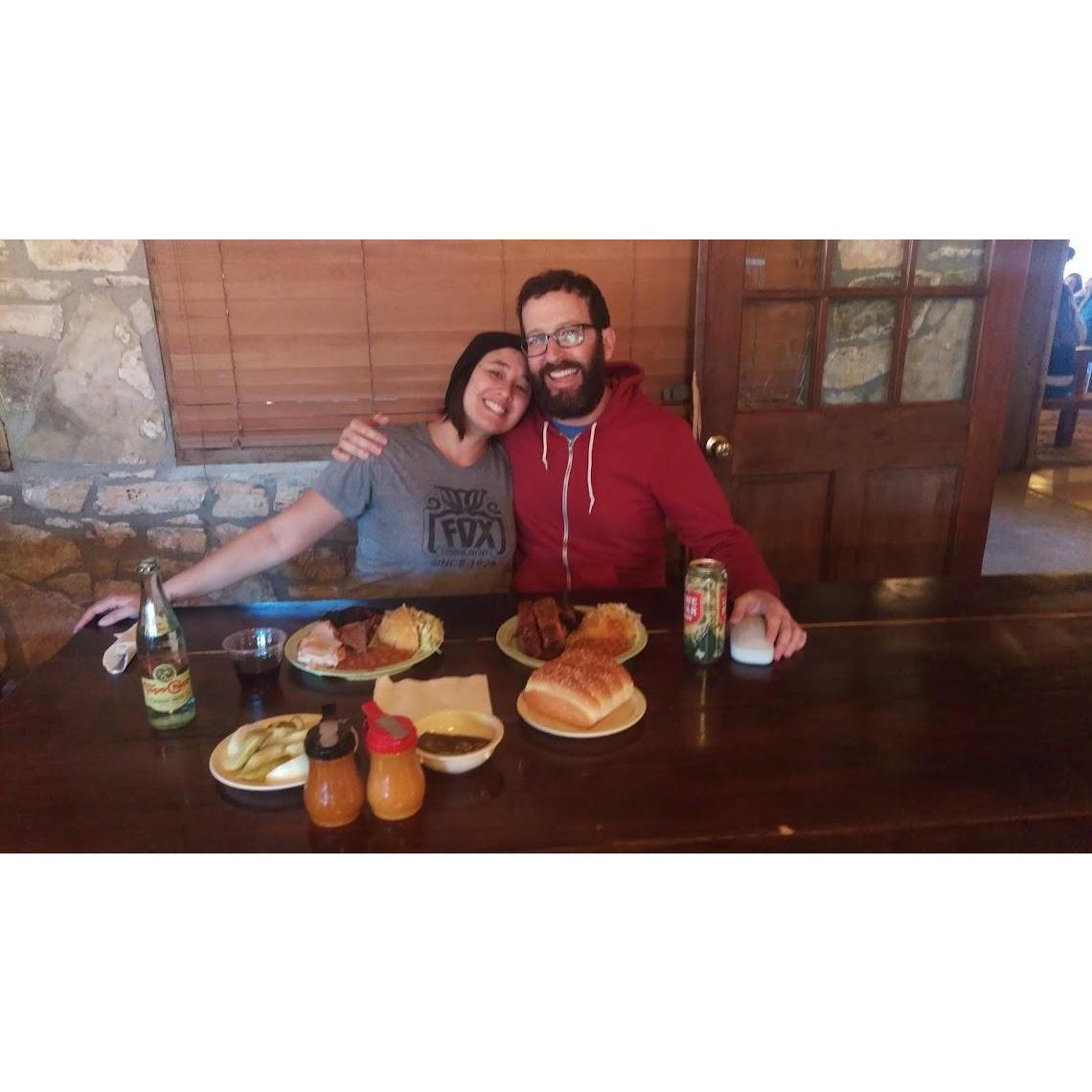 Erin's first time at Salt Lick BBQ outside of Austin, TX