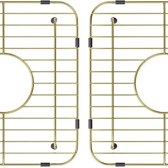 2 Pack of Gold Metal Kitchen Sink Racks,13"L X 11.6"W,Stainless Steel Sink Protectors with Centered Drain Hole, Universal Double Bowls Sink Bottom Grid with Strainers