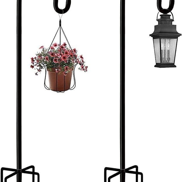 Garden Shepherd Hook Outdoor with 5 Prong Base, Bird Feeder Pole Hanger Holder Stand, Adjustable Heavy Duty Solar Light Plant Lantern Hanger Holder, Wedding Decor Matte Black (48 Inch- 2 Packs)