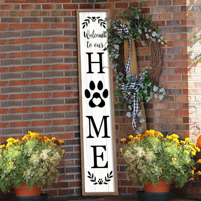 Welcome To Our Home Sign For Front Porch Standing 45"X9" Wooden Framed Dog Paw Welcome Print Large Farmhouse Rustic Long Outdoor Tall Vertical Home Front Door Wall Decor (Wood White)