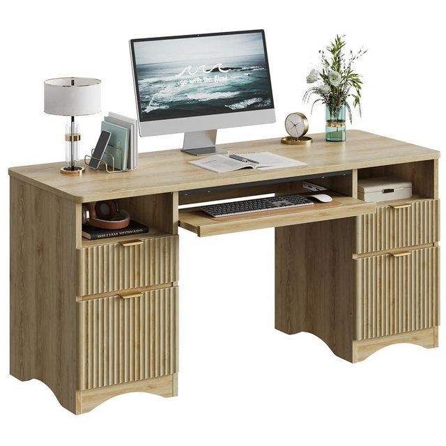 Bestier Computer Desk with Keyboard Tray, 59 inch Office Desk with 4 Drawers, Modern Home Office Desk with File Drawer (Natual Oak, 59" W with Double-Sided Drawers)