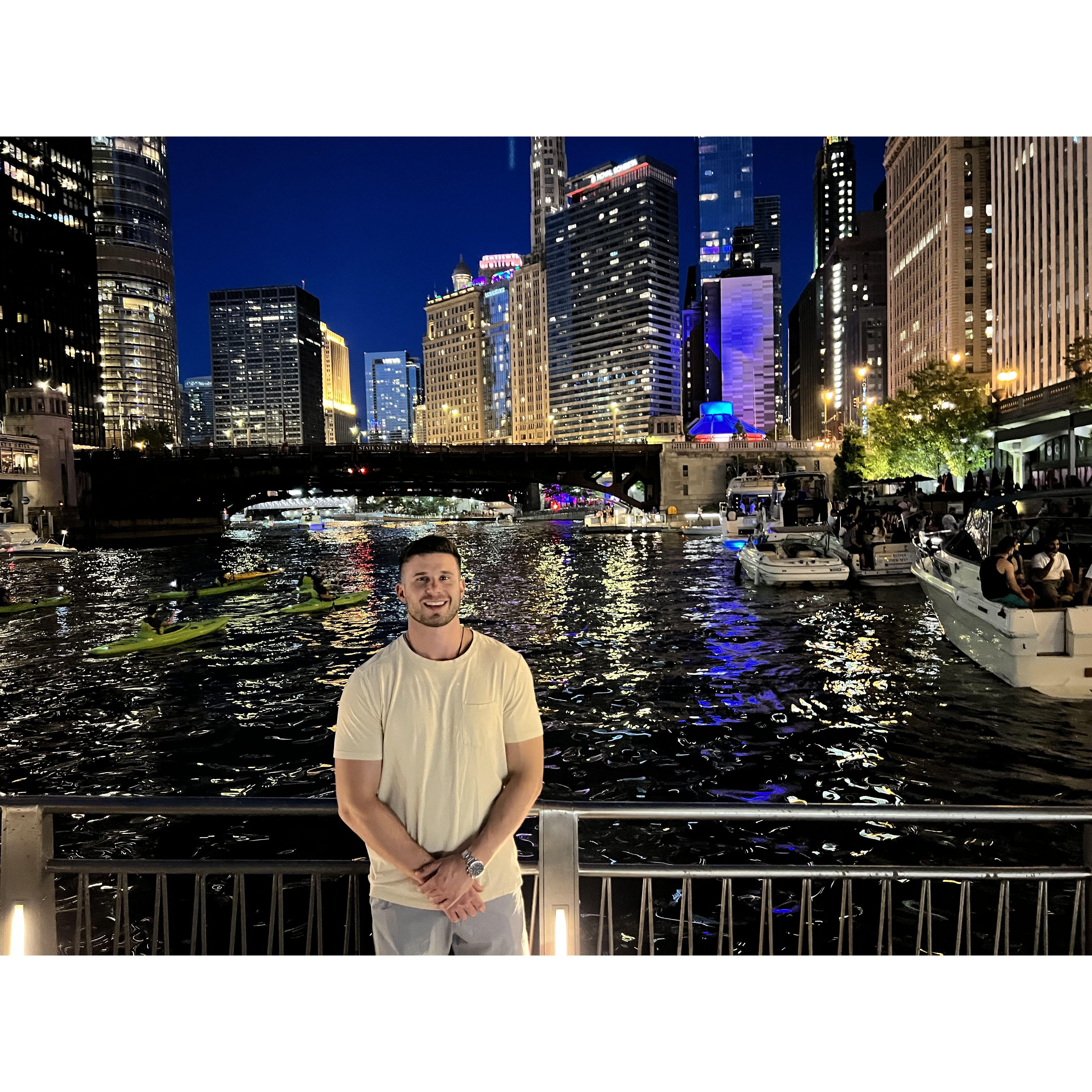 On the river walk in our neighborhood of downtown Chicago