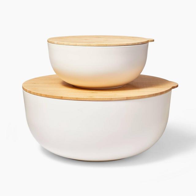 4pc Plastic Mixing Bowl Set with Bamboo Lids Cream - Figmint™