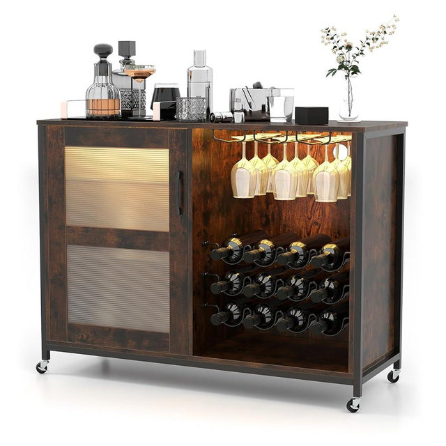 GOFLAME Wine Bar Cabinet with Wheels and LED Lights, Industrial Coffee Bar Cabinet for Liquor, Rolling Sideboard Buffet Cabinet with Wine Rack & Glass Holder for Kitchen, Living Room, Rustic Brown