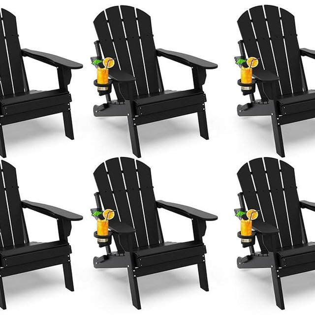 GREENVINES Folding-Adirondack-Chairs-Set-of-6 | HDPE Plastic | Fire Pit Chair | All Weather | Cup Holder | Black | for Deck Backyard Patio Outdoor Garden