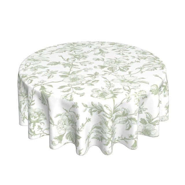 Sage Green Floral Tablecloth Round 70 x 70 Inch Light Green Chinoiserie Floral Table Cloth Polyester Fabric Vintage Spring Summer Flowers Farmhouse Table Cover for Kitchen Party Picnic Outdoor Decor