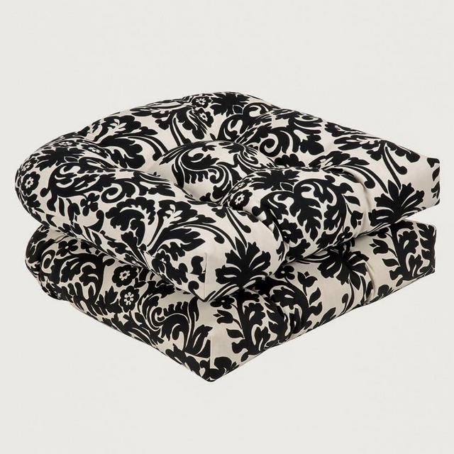 Pillow Perfect Damask Indoor/Outdoor Chair Seat Cushion, Tufted, Weather, and Fade Resistant, 19" x 19", Black/Ivory Essence, 2 Count