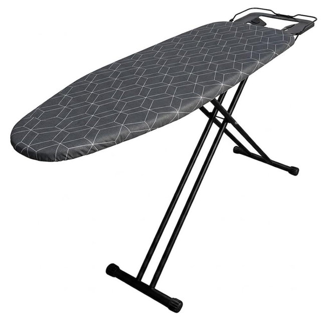 Brelle Ironing Board with Iron Rest - 45 x 13 Inch Adjustable Height Steel Mesh Board - Foldable Laundry Room Station with 2-Layer Padded Gray Hexagon Cotton Cover