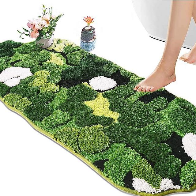 Hifuwan Cute Green Moss Bathroom Runner Rug Long Rectangular Boho Aesthetic Leaf Leaves Bath Mat Shaggy Non Slip Absorbent Shower Mat Decor