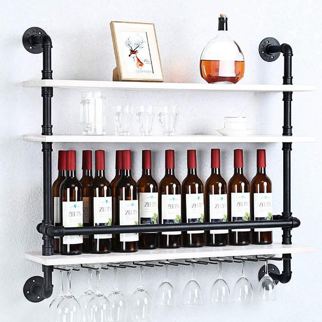 Industrial Pipe Shelf Wine Rack Wall Mounted with 9 Stem Glass Holder,3-Tiers Rustic Floating Bar Shelves Wine Shelf,36in Real Wood Shelves Wall Shelf Unit,Steam Punk Pipe Shelving Wine Glass Rack