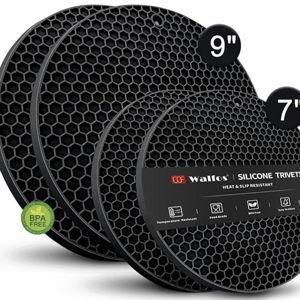Silicone Trivet Mats - Walfos Heat Resistant Pot Holders Set, 4pcs 2 Sizes 7 Inch & 9 Inch, Multipurpose Non-Slip Hot Pads for Hot Pot, Hot Dishers, Jar Opener, Food Grade & BPA Free (Black)