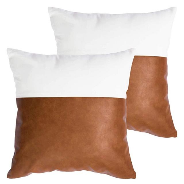 HOMFINER Decorative Throw Pillow Covers 20x20, Set of 2 Faux Leather and 100% Cotton Square Cushion Cases for Couch Bed Sofa Modern Boho Farmhouse Home Decor Cognac Brown White Accent