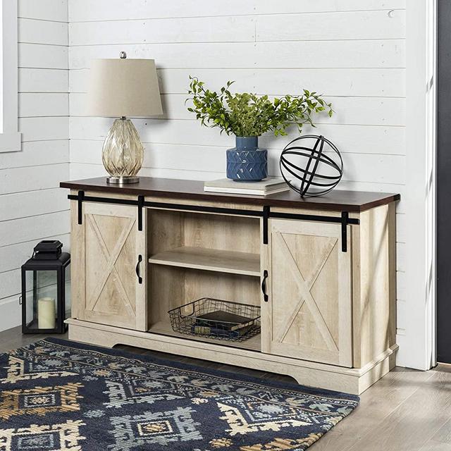 Walker Edison Furniture Company Modern Farmhouse Sliding Barndoor Wood Stand for TV's up to 65" Flat Screen Cabinet Door Living Room Storage Entertainment Center, 28 Inches Tall, White Oak