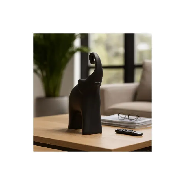 Decorative Ceramic Elephant Statue for Home Decor - Figurine Ornament for Bathroom, Office, and Living Room Accent - 11", Black