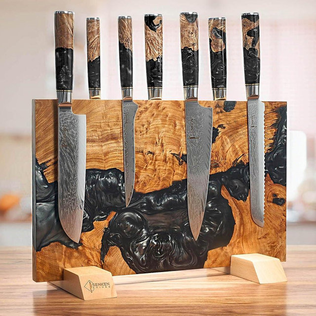 SENKEN 8-Piece Bundle Onyx Extra Large Magnetic Knife Block with Matching Damascus Chef Knife Set