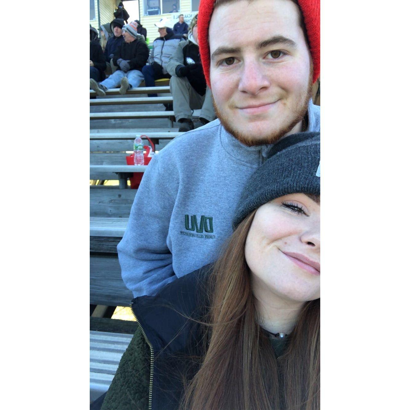 Sarah dragging Andrew to DelVal football games (he prefers the tailgate!)