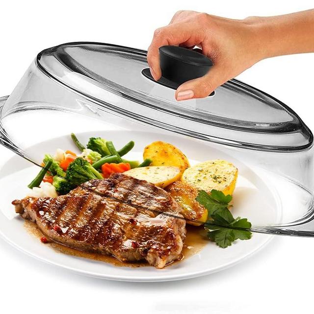 Tall Microwave Glass Plate Cover - Splatter Guard Lid with Easy Grip Silicone Handle Knob - 100% Food Grade - BPA Free and Dishwasher Safe - 10inch - Black