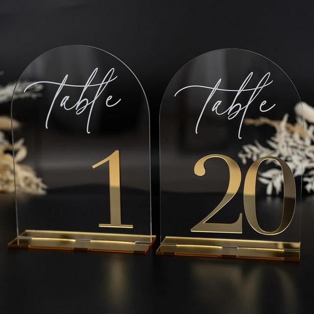 Acrylic Wedding Table Numbers 1-20 w/Stand, 5 x 7” Elegant Gold Numbers, Durable & Thick Acrylic Table Number Signs 1-20 for Reception, Birthdays, Anniversary & More
