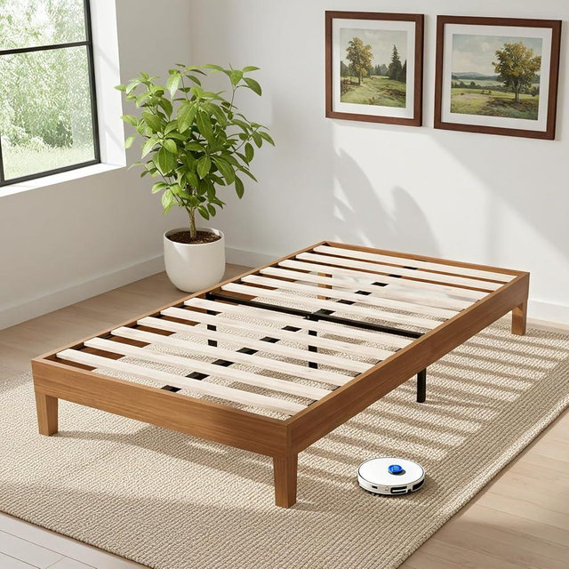 Sweetcrispy Solid Wood Bed Frame, Twin Size Bed Base with Wood Slat Support, Sturdy, Stylish & Noise-Free Design, No Box Spring Needed, Easy Assembly, Dark Brown