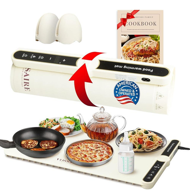 VOSSAIRE Food Warming Mat with Adjustable Temperature & Timer – Flexible, Rollable Silicone Surface – Even Heating for Parties and Home Dining – Includes Mitts & Utensil Set