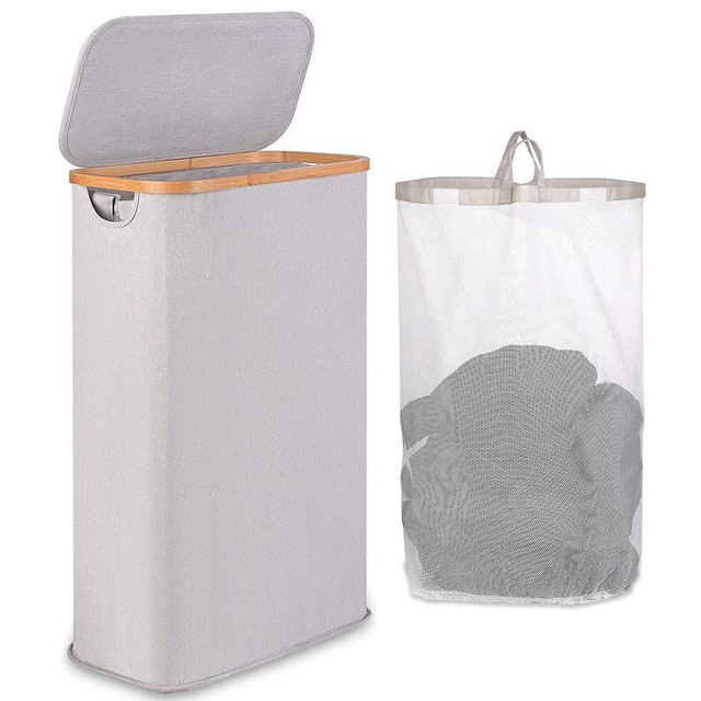 65L Slim Laundry Hamper, Narrow Laundry Basket with Lid,Foldable Clothes Hamper with Bamboo Handles,Hamper Basket with Removable Inner Bag for Laundry Room Bedroom College Dorm,17.17 Gals（Light Grey）