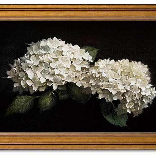 Vintage Gold Framed White Hydrangea Canvas Wall Art, Moody Dark Floral Painting Picture Wall Decor, Still Life Flower Poster Print Artwork for Bathroom Bedroom Living Room Home Decoration, 12x16In