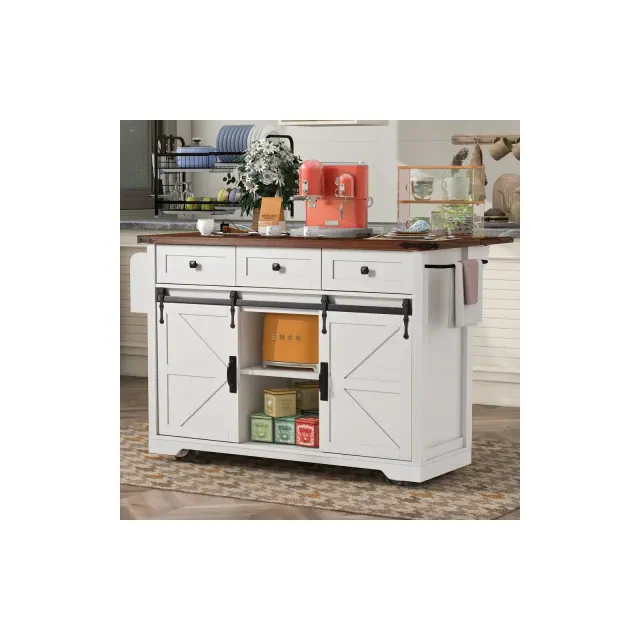 JUJABU White 53.7" Farmhouse Kitchen Island with Power Outlet, 2 Sliding Barn Door Kitchen Storage Island with Drop Leaf