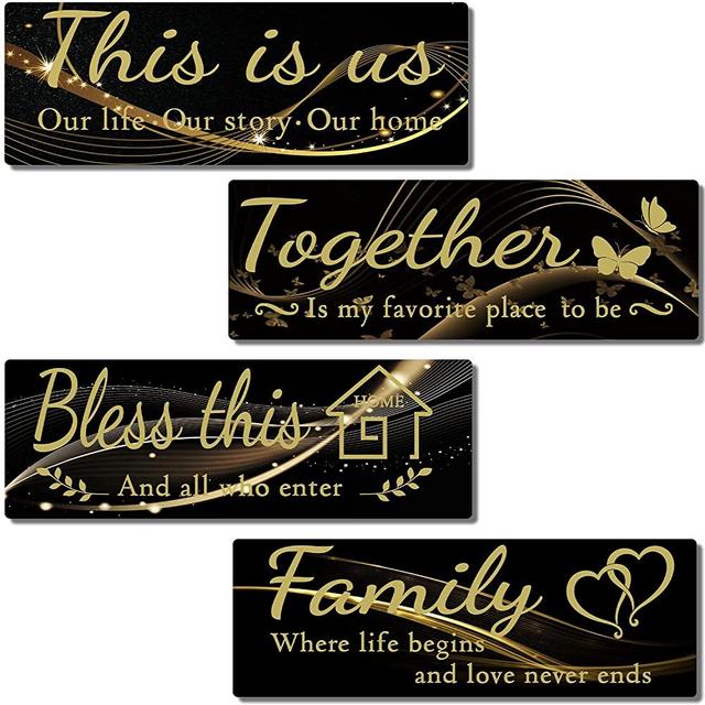 4 PCS Home Wall Decor Signs, IDATOO Rustic Wooden Living Room Hanging Decorations with Quotes THIS IS US/TOGETHER/BLESS THIS/FAMILY, Housewarming Gifts for Wedding Kitchen (Black -1, 15 x 5.1 inch)